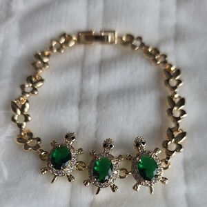 14k Gold Plated Turtle Bracelet with Green Accents